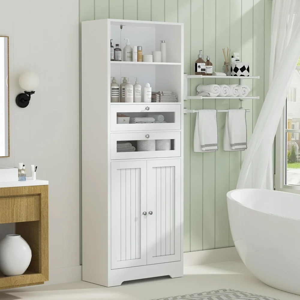 

7" Tall Bathroom Storage Cabinets, Modern Linen Cabinet with Doors & Shelves & Drawer, Tall Freestanding Storage Cabinet