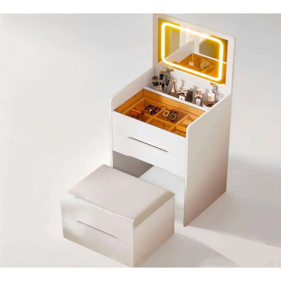 Mesa de vaidade 3 em 1 de 48cm com espelho superior Plip Pequeno conjunto de vaidade de maquiagem com vidro visível Mesa de maquiagem compacta com 3 D