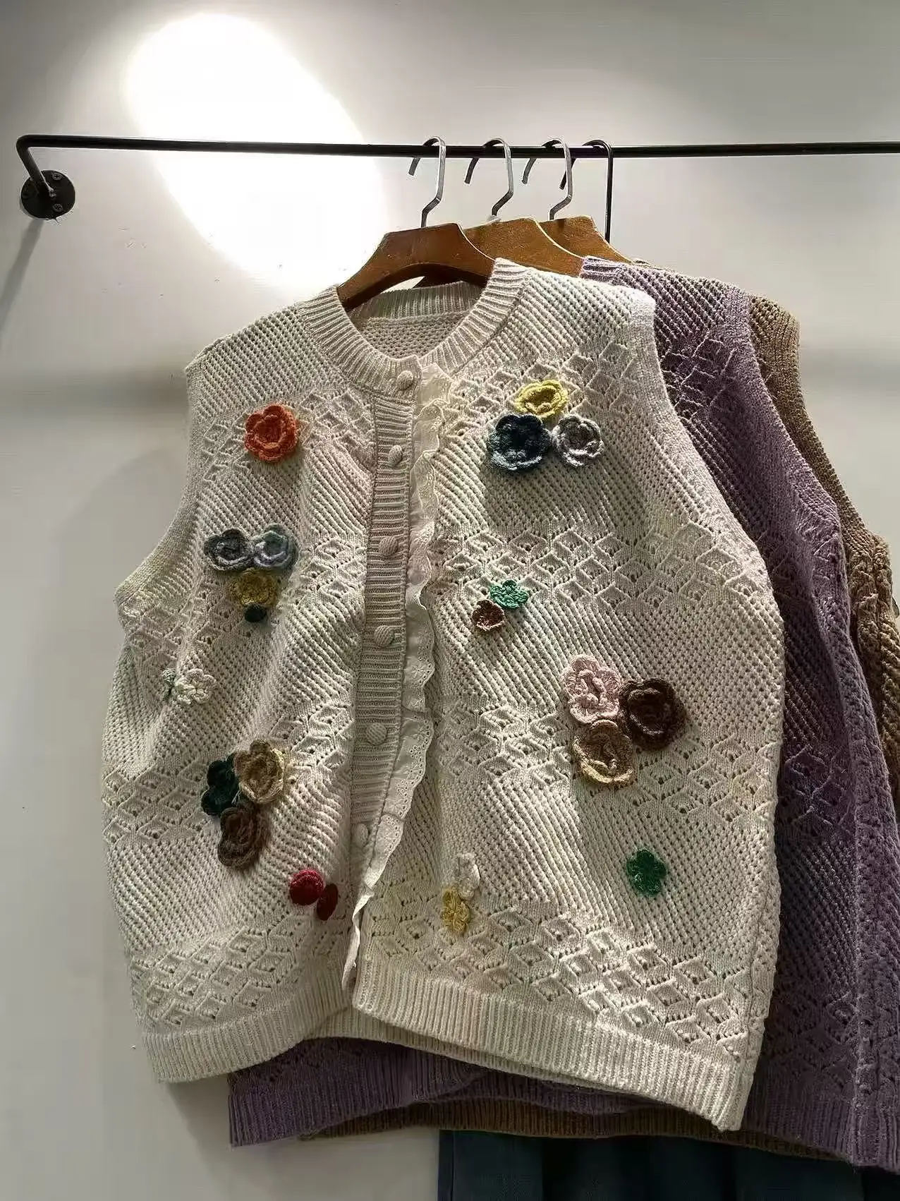 Women Mori Girl Knit Waistcoat Round Neck 3D Colorful Flower Crochet Applique Hollow Sleeveless Cottagecore Sweater Vest