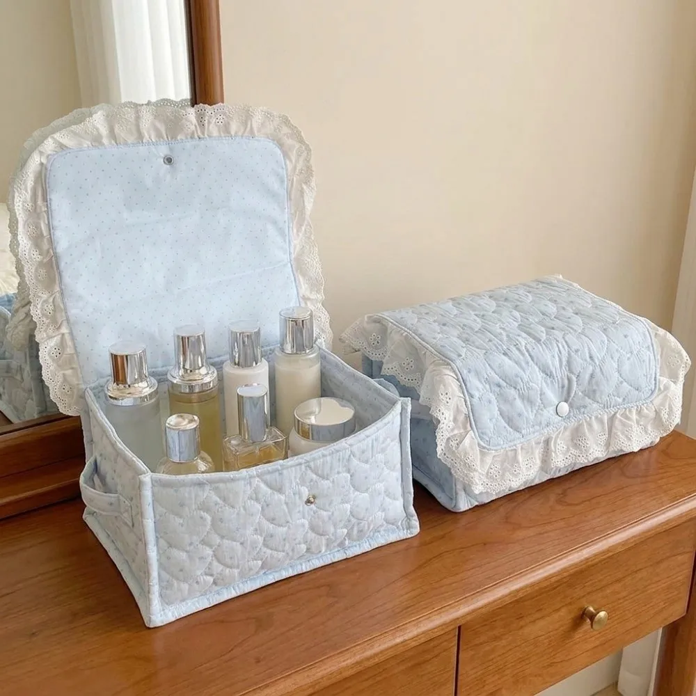 Rectangular Little Blue Star Storage Basket Lace Edge Soft Fabric Storage Basket with Hinged Lid Button Closure Cable Organizer