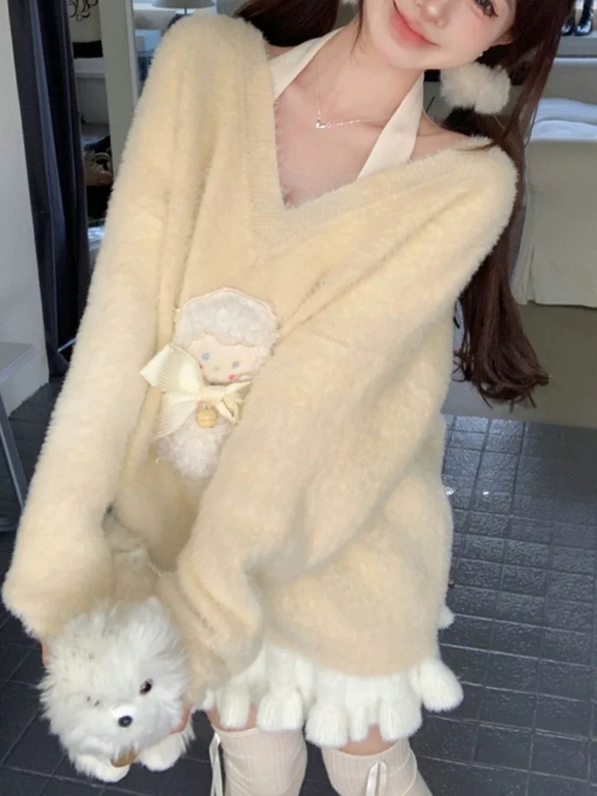 IMU Sweet Cute Knit Sweater 2-pieces Set Women Yellow Lamb Long Sleeve Pullover and  High Waist Knitted Skirt 2025 New Autumn Sp