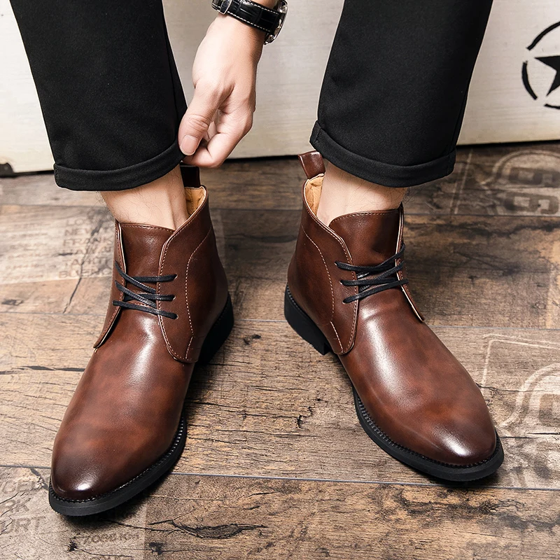 Men Ankle Boots Brown Black Blue Motorcycle Boots Lace Up Business Handmade Pu Leather Shoes for Men with - view 4