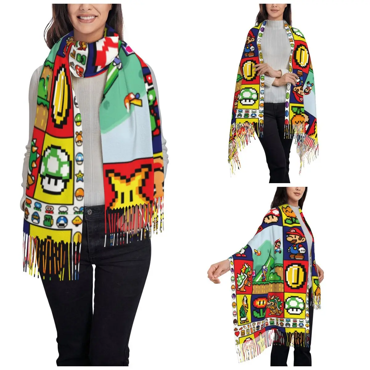 Écharpe femme avec pompon années 90 jeu Marios champignon étoile grand châle doux et chaud Super cadeaux foulards Pashmina