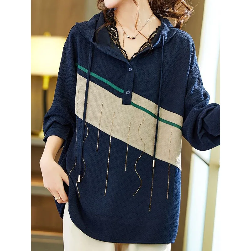 Koreaanse mode contrasterende kleur patchwork hooded tops dameskleding herfst losse casual dame lange mouwen diamanten truien