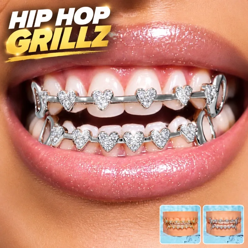 2pcs Hip Hop Grillz Heart Shaped Hollowed Out Teeth Gold Plated Copper 5A Zirconia Iced Out Rap Party Jewelry for Men Women