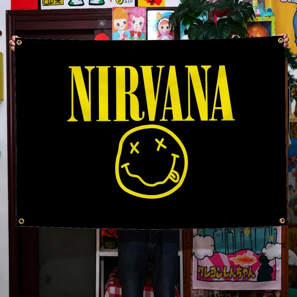 Band Nirvana Kurt Cobain Grunge Smiley Flags Wall Hanging Background Flag Wall Decor Banners for Outdoor Bedroom Dorm Room Decor