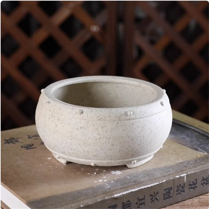 Ceramic Purple Sand Small Bonsai Pot,Drum Shape,Nature Clay,Table Decoration,Green Plant