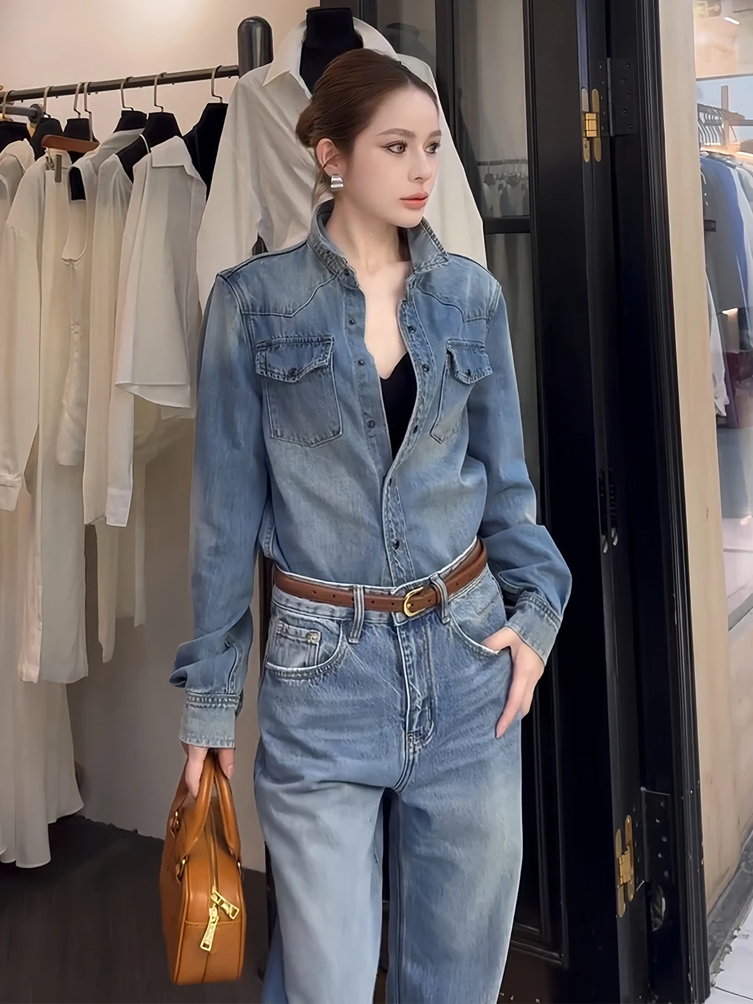 Retro Chic Women's Denim Set Jacket And Wide Leg Pants Loose Fit Casual Style Autumn Collection Fashionable And Dry