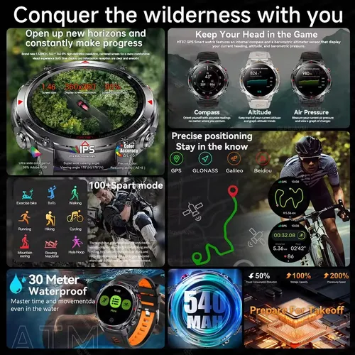 Imagen 2 del producto 2025 nuevo reloj inteligente militar con llamada Bluetooth, brújula GPS integrada, altímetro barométrico, relojes inteligentes deportivos impermeables 10ATM para hombres