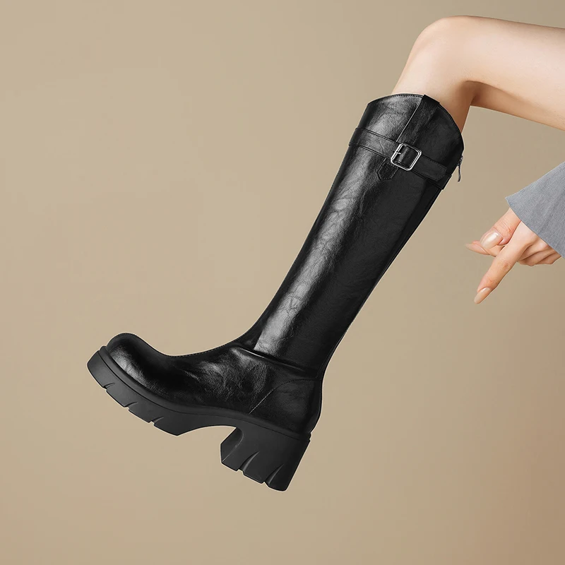 

V-Cut Knee-High Boots Platform Lift No-Slip Shaft Fashion Tall Riding Boots Large Size for Women