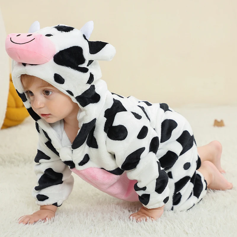 MICHLEY Halloween Cute Cow Flannel Baby Rompers Winter Clothes Costume Hooded Bodysuits Pajamas Animals Jumpsuit For Girls Boy