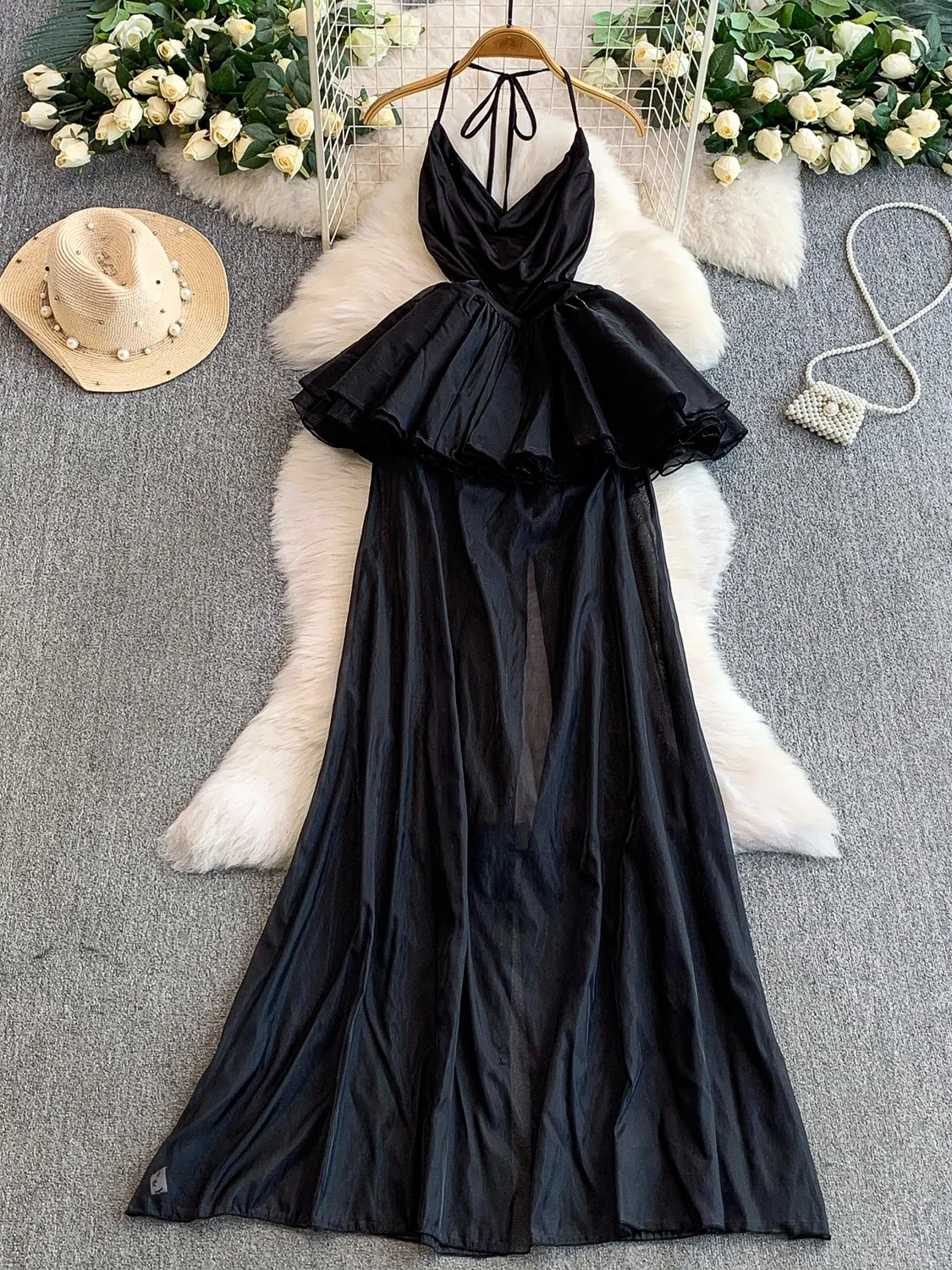 

Sexy Bal Bell Sve Me Dr Women's Slim Fit A-Line Gown High Waist No-Sve Hanging Ne Design Floral Splicing