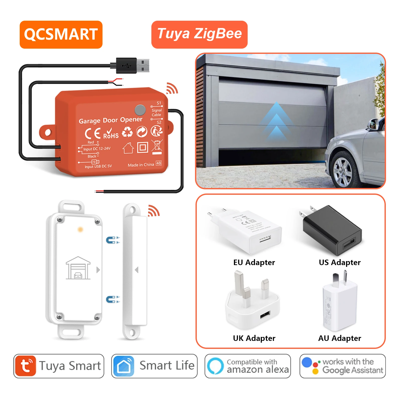 

QCSMART ZigBee Garage Door Wireless Waterproof Sensor Opener Controller Control Smart Life Works with Google Assistant Alexa