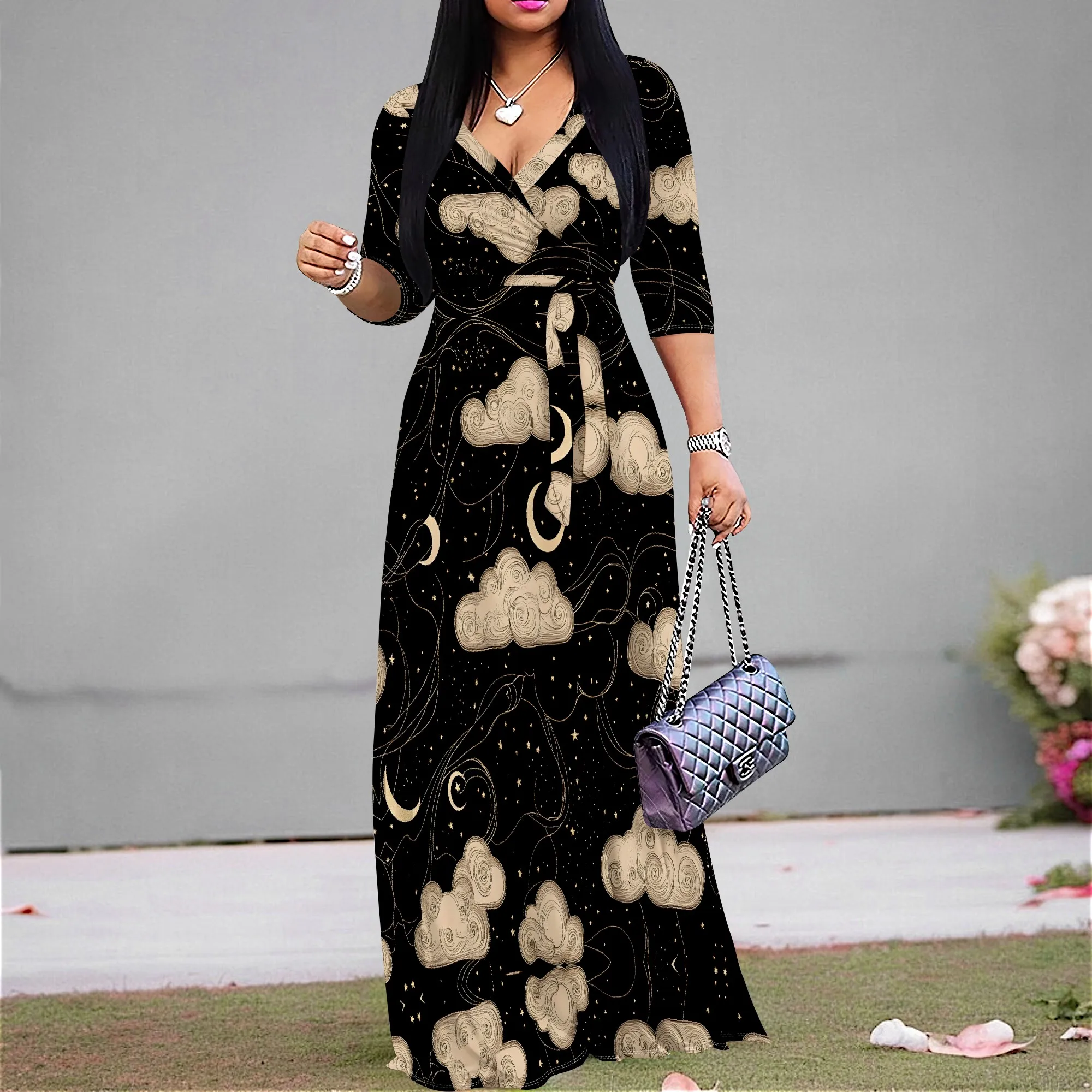 

Women's Star Moon Print Maxi Dress Vintage V-Neck Half Sleeve A-line Dress with Belt for Evening Party Wear XS-3XL
