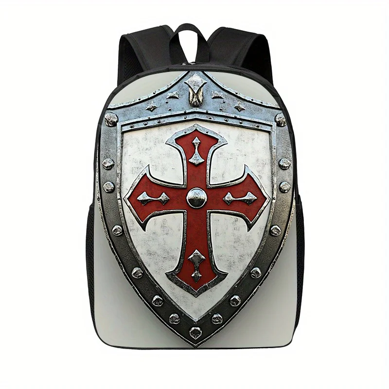 Knights Templar Cross Shield Print Men'S Fashion Backpack, 17-Inch Laptop Bag, Durable Polyester, Zip Closure, Adjustable Straps