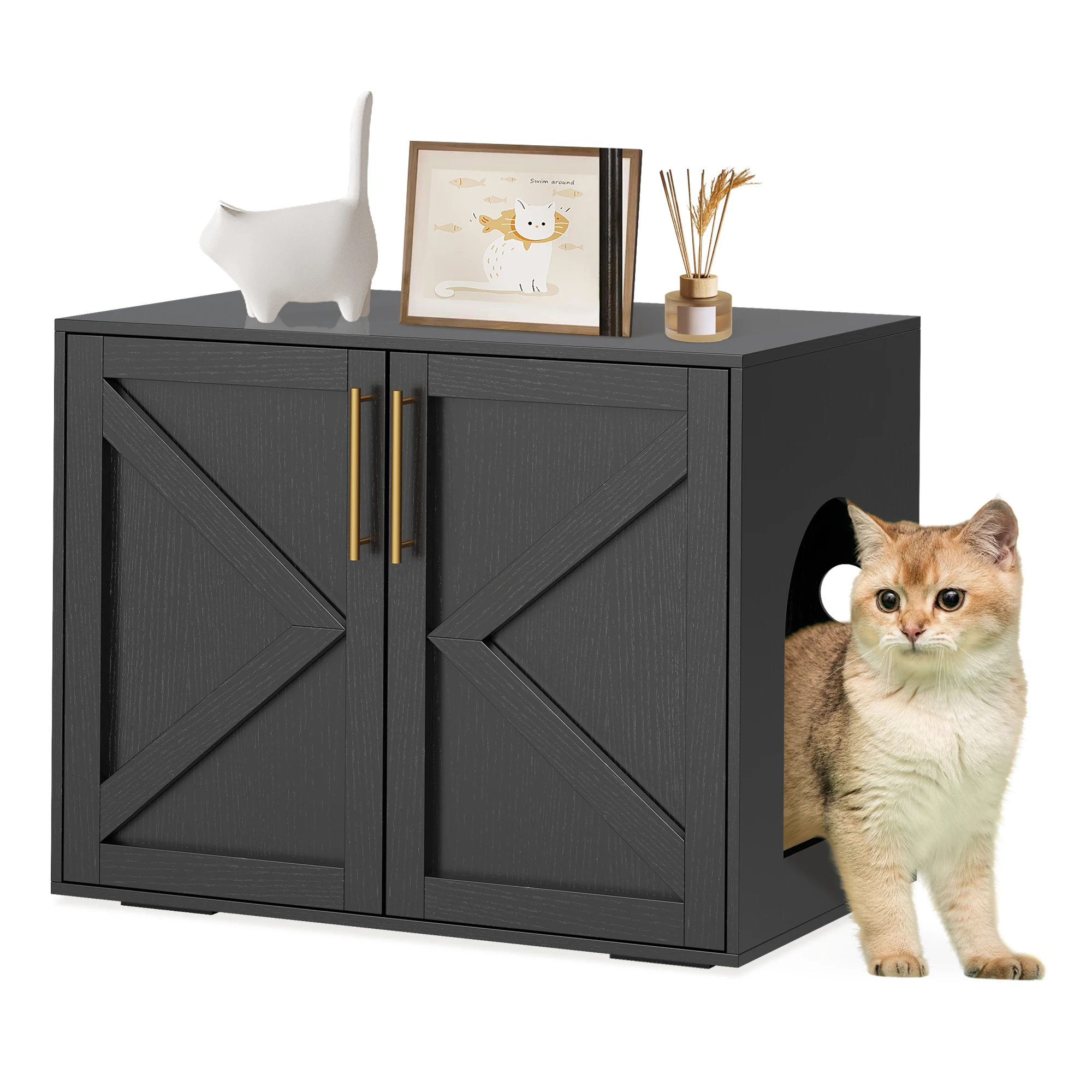 Mobiletto Nascosto per Lettiera per Gatti - Mobile in Legno con Giocattolo per Gatti e Controllo degli Odori, Design Ventilato, Tavolino Multifunzionale, Interno Spazioso, Adatto alla Maggior Parte