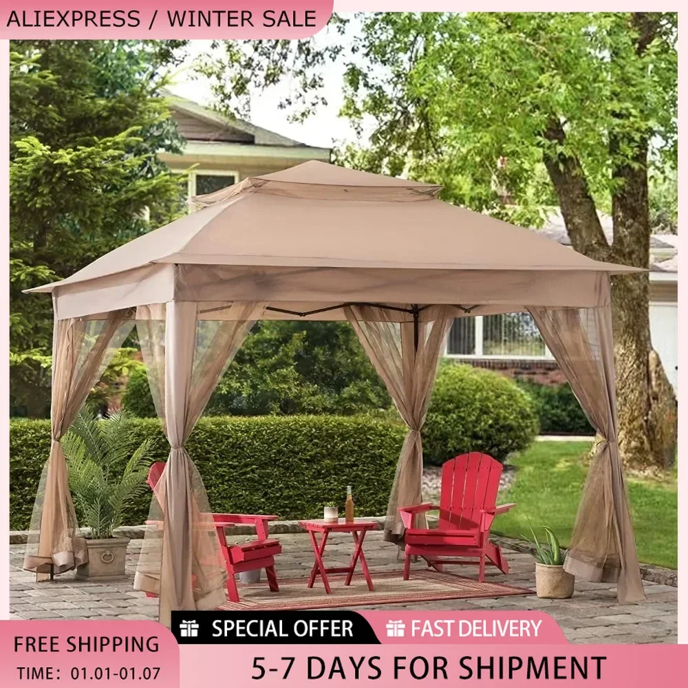 11x11 ft. Pop-Up Instant Gazebo, Outdoor Portable Steel 2-Tier Top Canopy/Tent with Netting and Carry Bag, Patio Umbrellas Tents