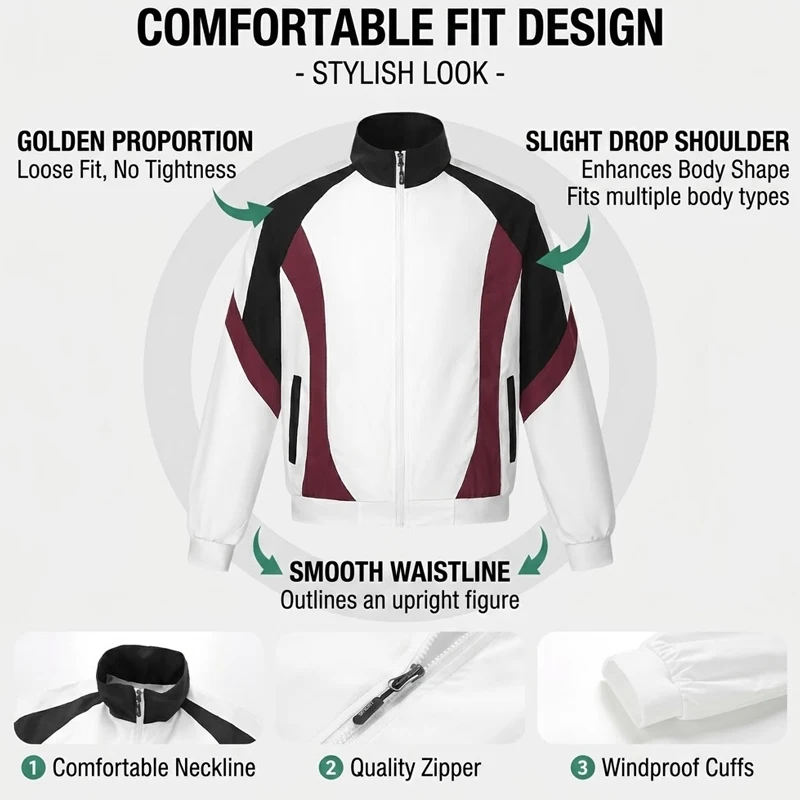 Unisex Casual Zip-Up Track Jacket - Soft Breathable Running & Hiking Coat for Men & Teens (Black/White Color Options)