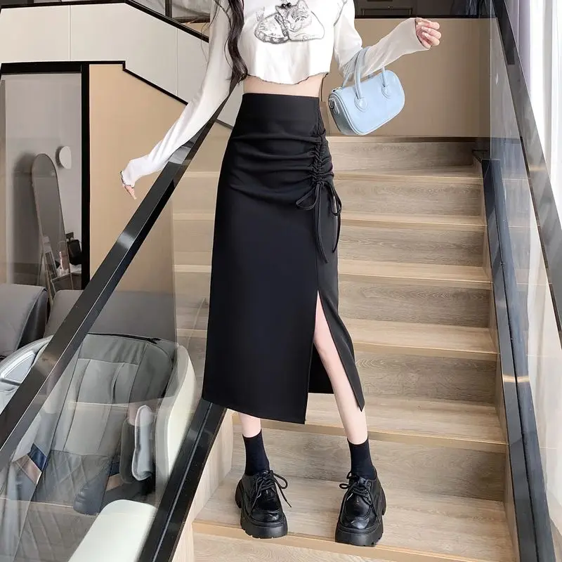 Stylish Shirring Drawstring Midi Skirts Spring Autumn High Waist Women's Clothing Split Basic Asymmetrical Solid Color Skirts