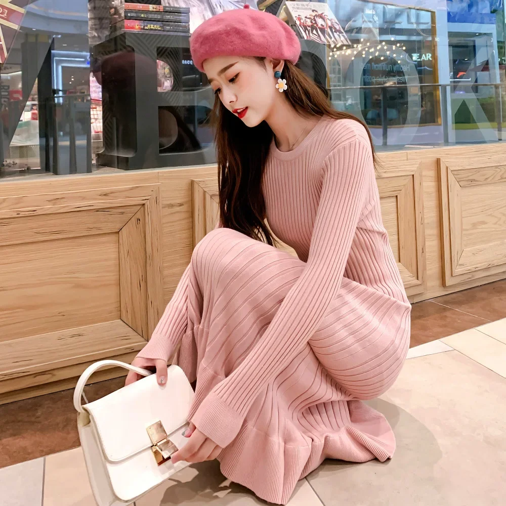 Koreaanse Stijl Elegante Gebreide Jurk Vrouwen Herfst Winter Casual Roze Trui Jurk O-hals Lange Mouw Ruches Gebreide Zeemeermin Bodycon