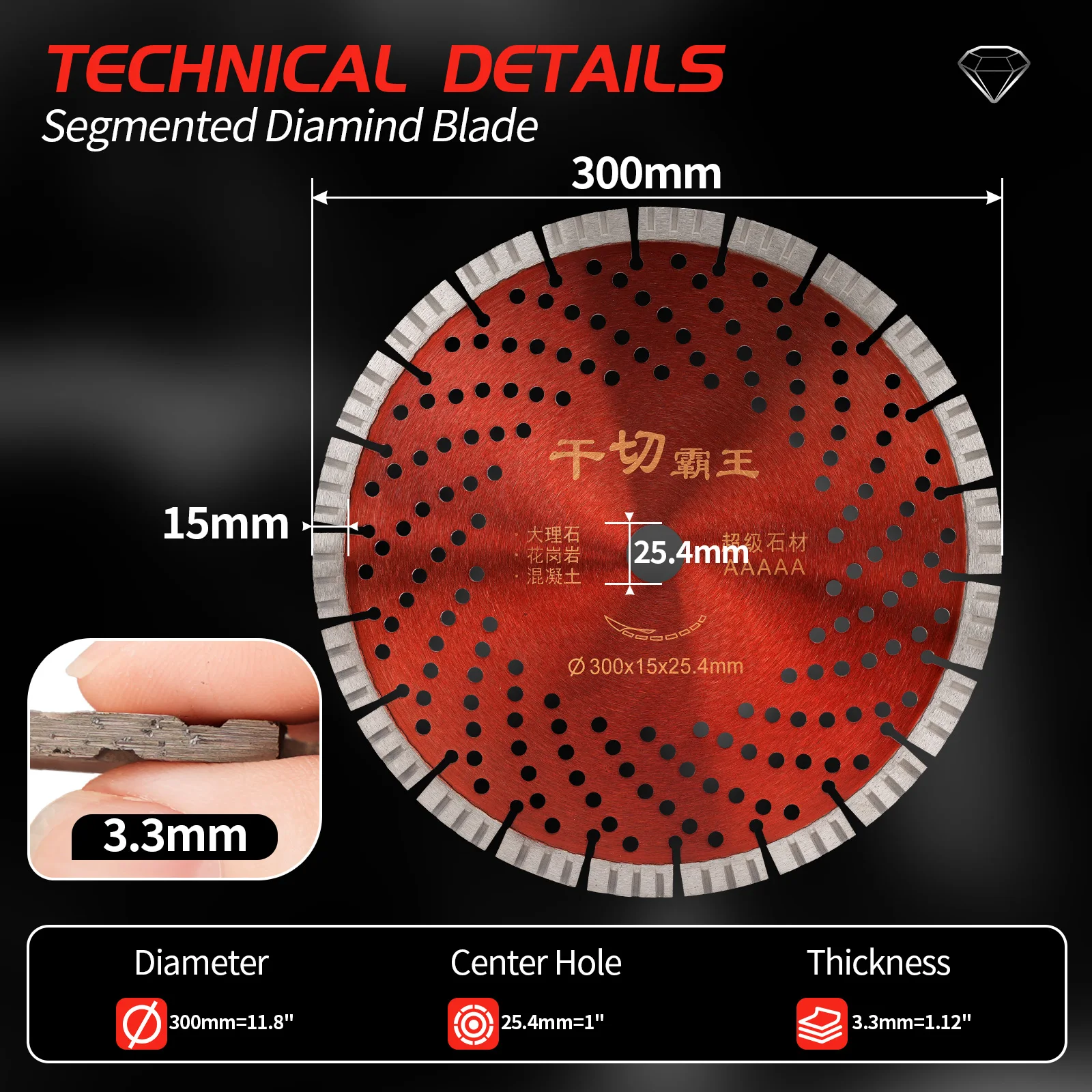 Hoja de sierra de diamante de 300 mm Disco de corte de piedra segmentada Hoja de sierra circular de múltiples orificios para baldosas de piedra, granito, mármol y hormigón