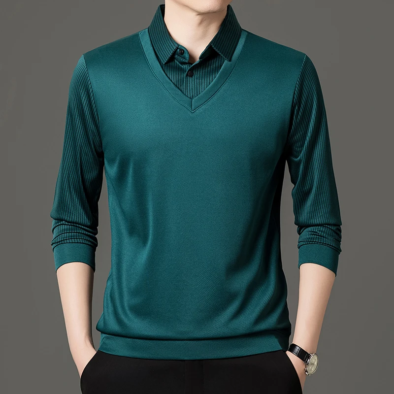 Frühlings- und Herbst-T-Shirt für Herren mittleren Alters, zweiteilig, aus reiner Baumwolle, langärmlig, mit großem Kragen und lockerem Poloshirt-Design. – Detail 10
