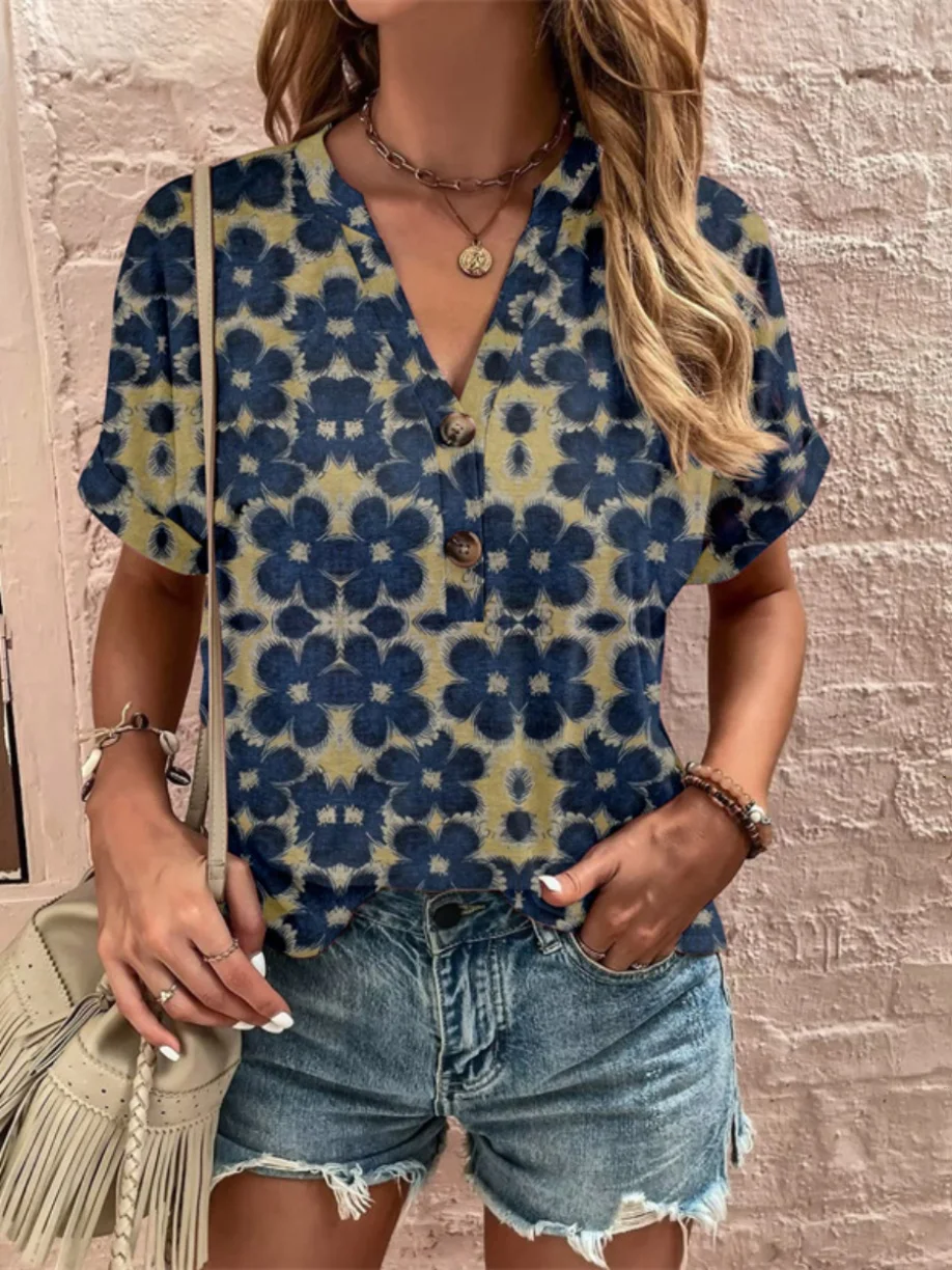 

Летняя повседневная женская футболка большого размера с принтом на пуговицах и v-образным вырезом, свободная футболка Street Sle, топ с цветочным принтом