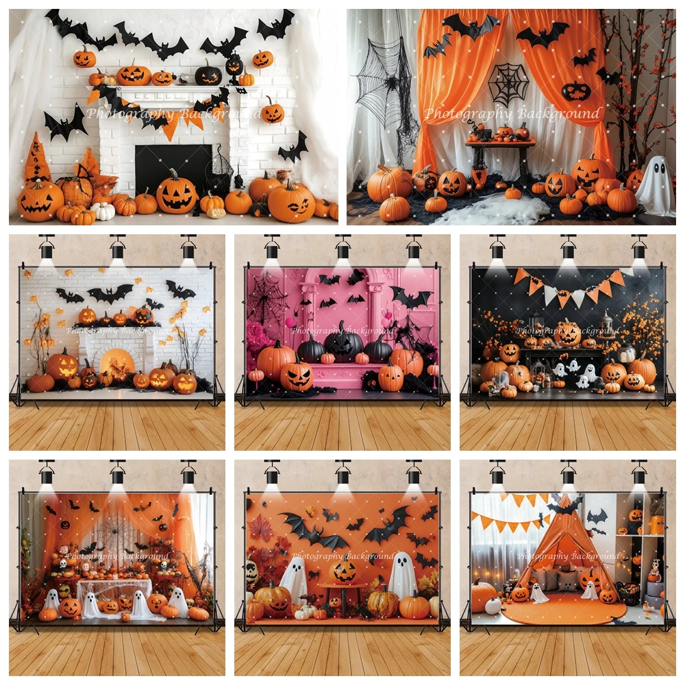 Happy Halloween Kürbisse Fledermäuse Fotografie Hintergrund Indoor Szenen Zelte Kamin Spinnweben Halloween Dekor Familie Party Hintergrund
