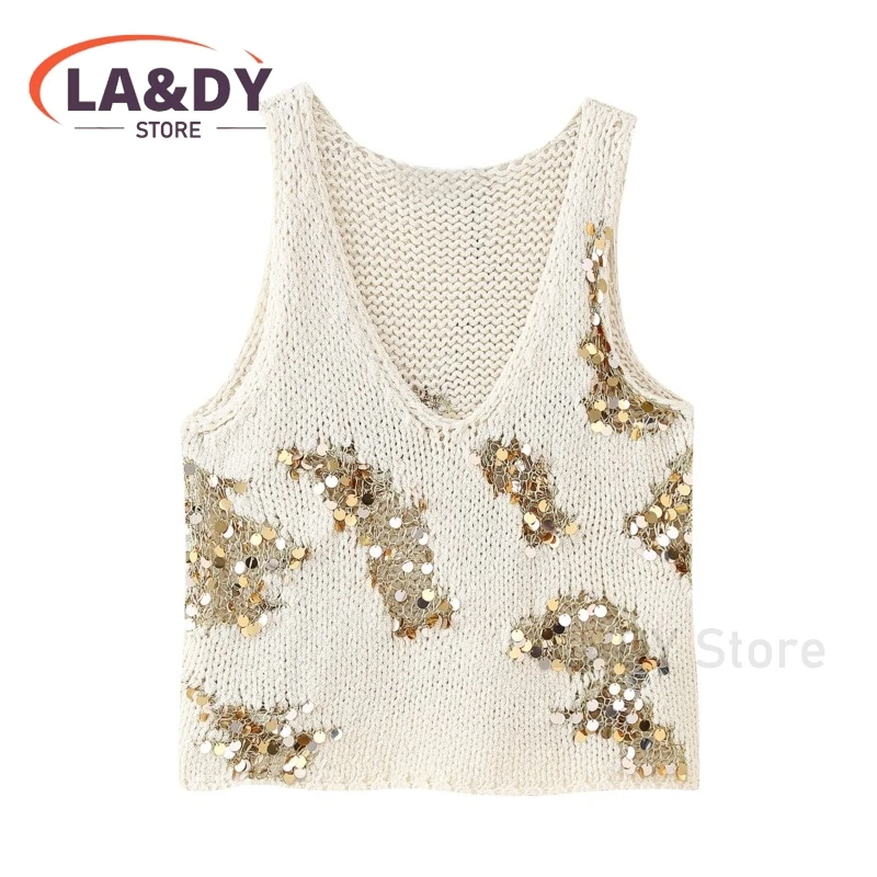 Vest Women 2024 Spring Summer Fashion Loose Sequin Knit Waistcoat Female Casual Sleeveless Commuting Versatile Tank Top