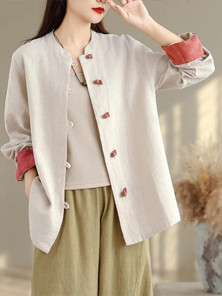 New Chinese Style Women's Cotton Linen Shirt Coat with Button Closure Loose Fit Long Sleeve UV Protection Daily Wear Top
