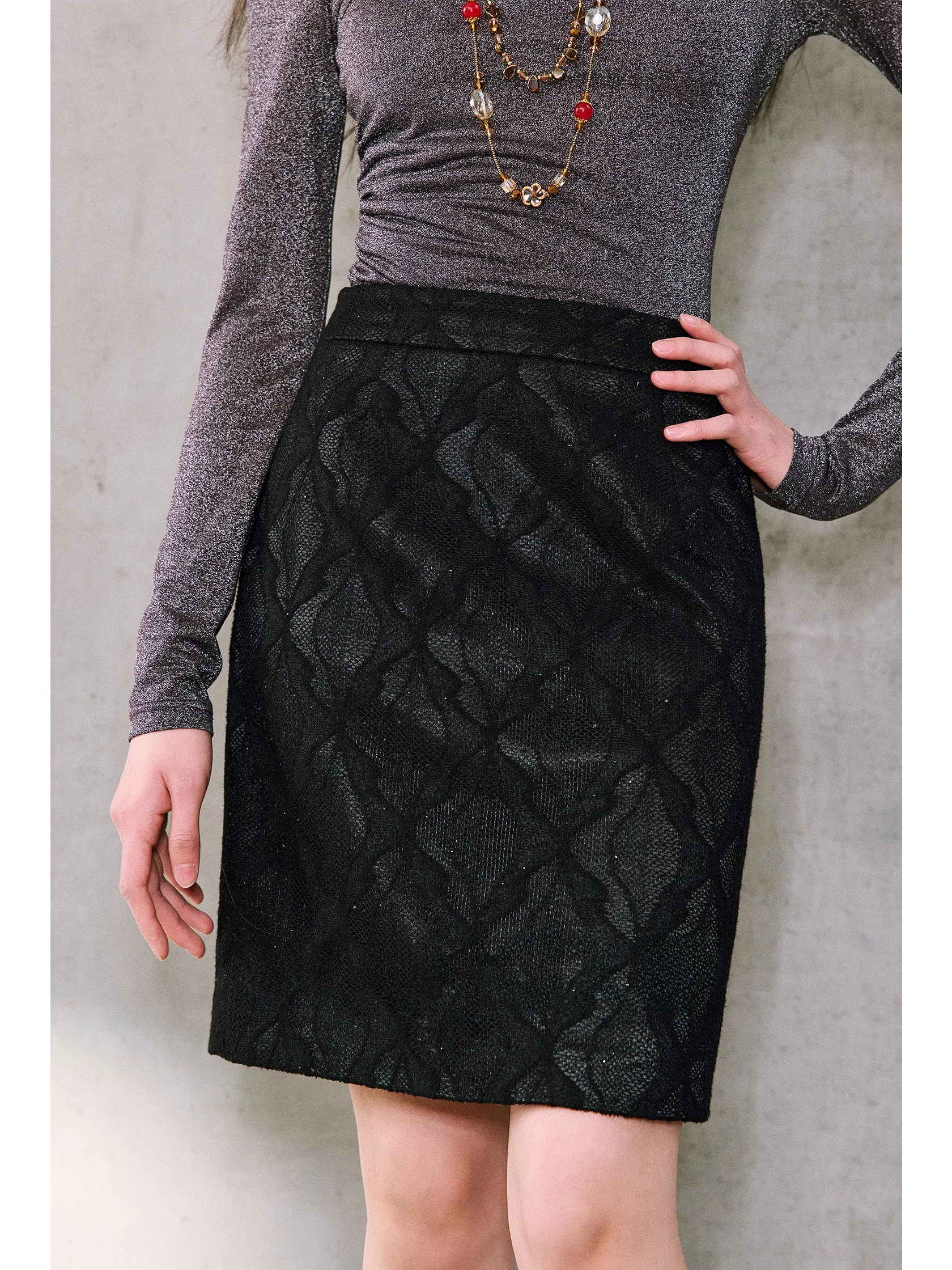 

WANGXO High Waist Straight Cut Texture Semi-Body Skirt Ele Chic Embellied Vintage Faion Ladies' Casual Skirt