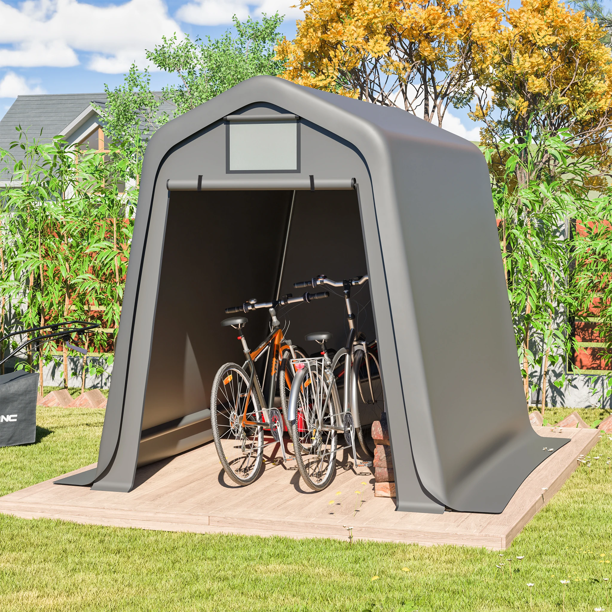 Graues Fahrrad-Aufbewahrungszelt 245 x 183 x 217 cm, Verwendung für Gehäuse, Motorrad oder Carport, winddichtes, wasserdichtes PE-Material mit Jalousien