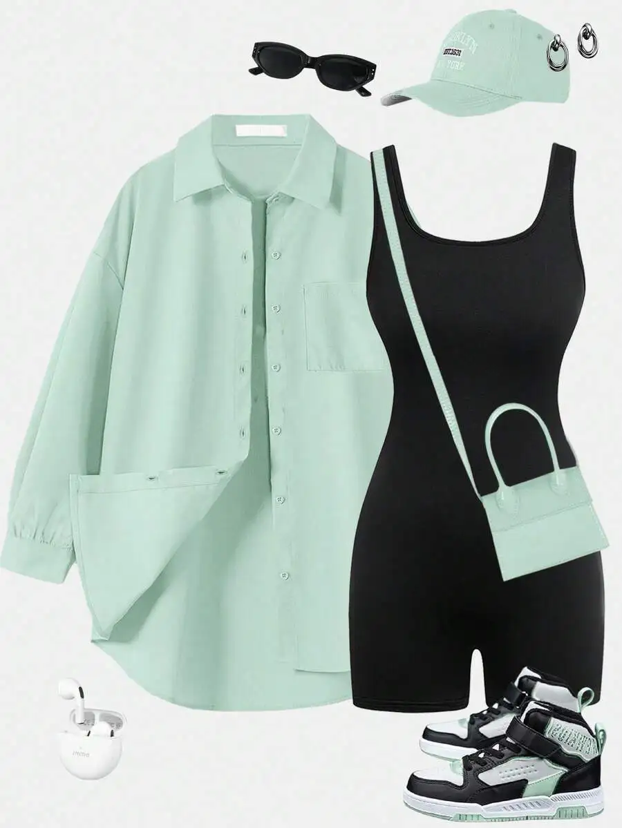 

Mint Green Oversized Shirt And Black Bodysuit Shorts Set Women Casual Summer Outfit