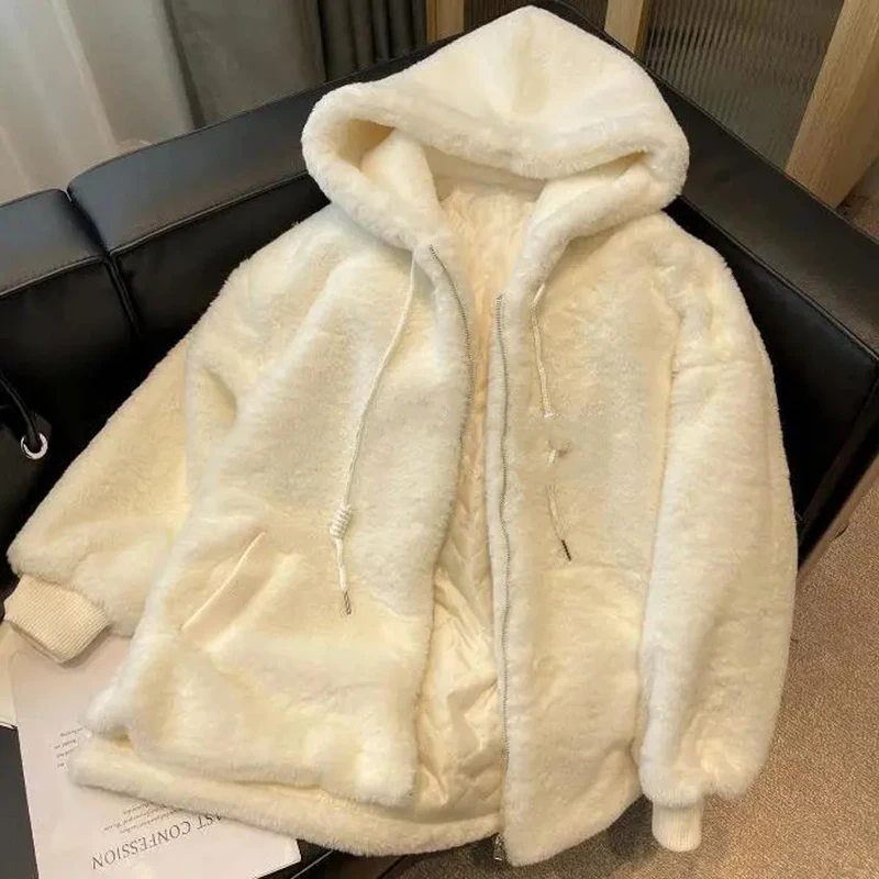 Winter Lamb Wool Hooded Coat Women Ropa Mujer Cute White Zipper Jacket Y2K Fashion Thick Warm All-Match Plush Outerwear New
