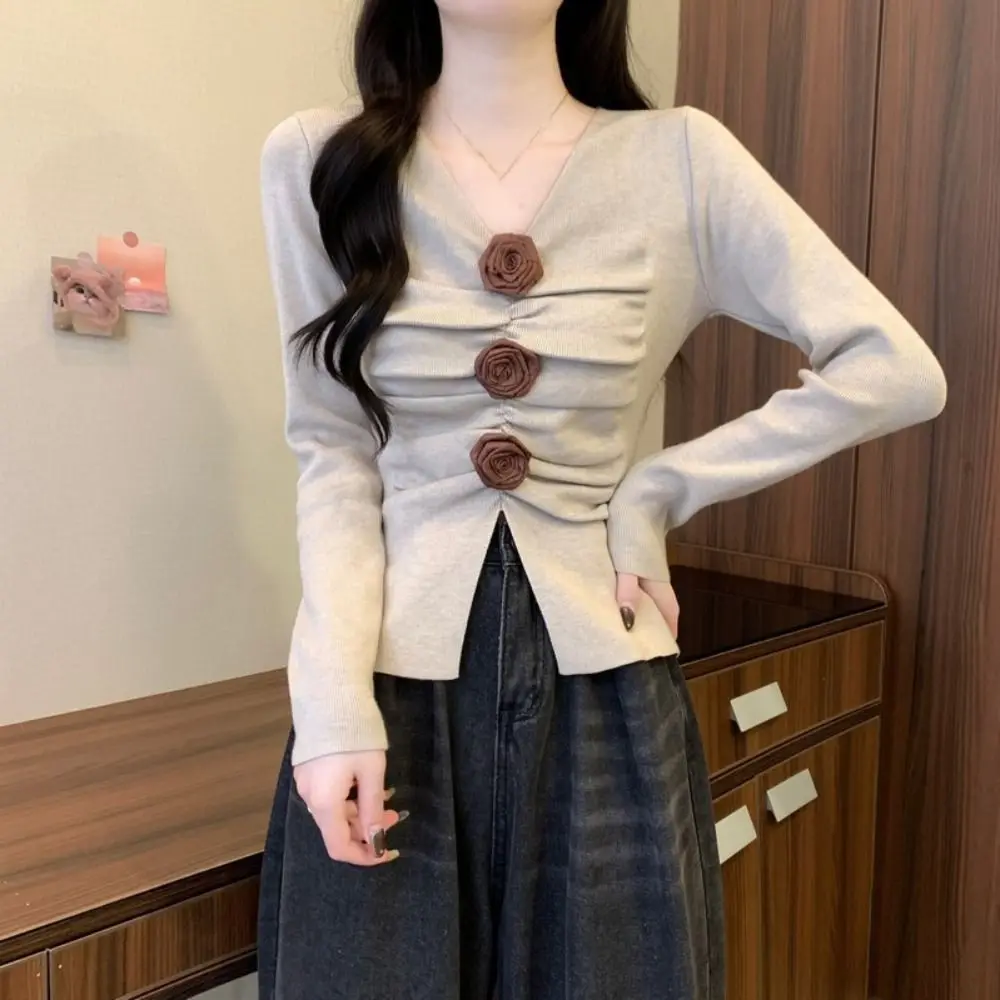 

Плиссированный трикотаж с длинными рукавами, нижняя рубашка, пуловер, топ с 3D розами, облегающий вязаный топ на осень-весну и зиму для женщин