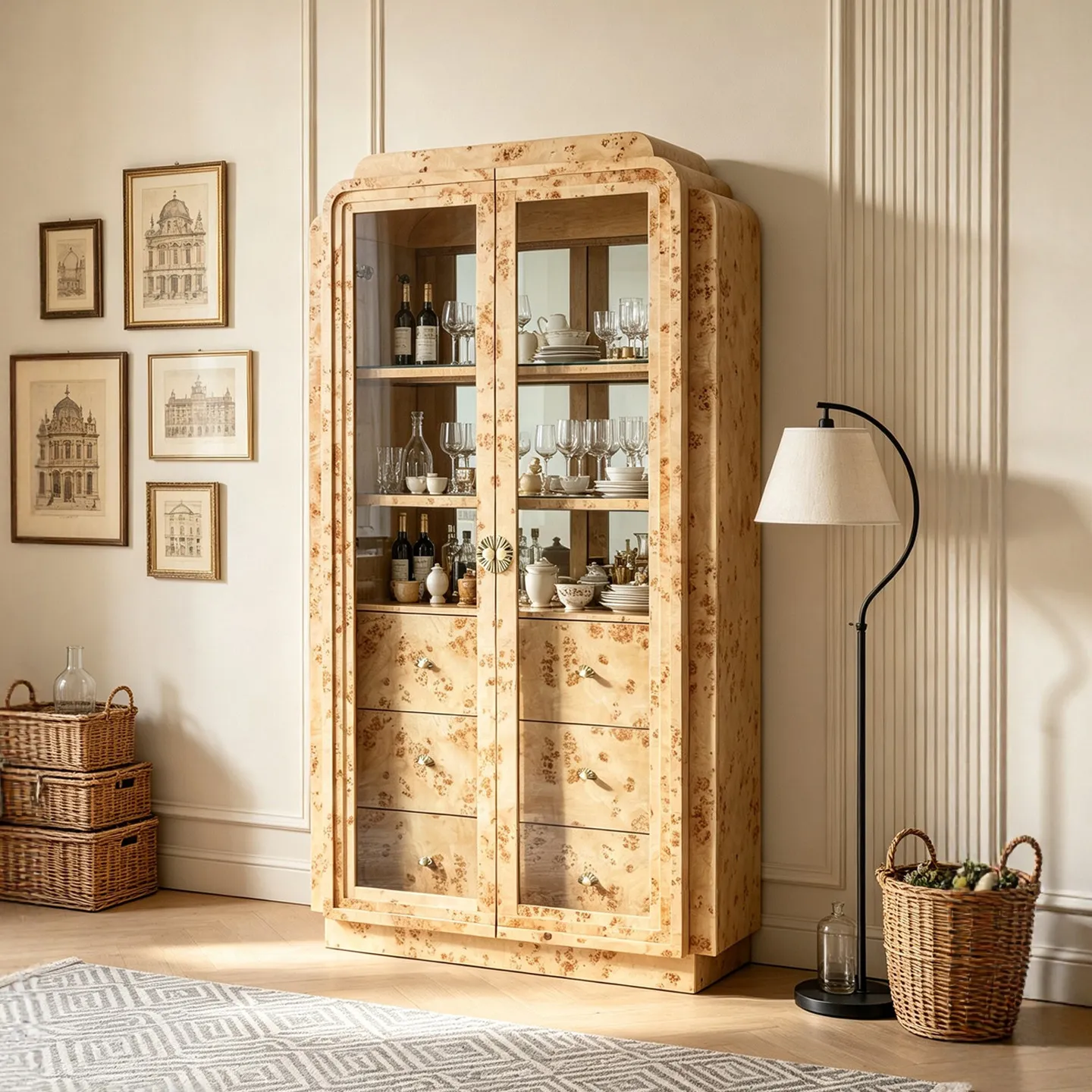 Retro solid wood bookcase simple antique style living room glass wine cabinet display light luxury storage locker