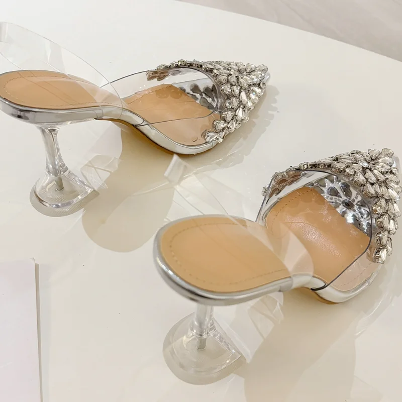 New Women's Pointed Rhinestone Transparent High-heeled Sandals Sexy Wine Glasses Versatile High-heeled Sandals Size 35-41