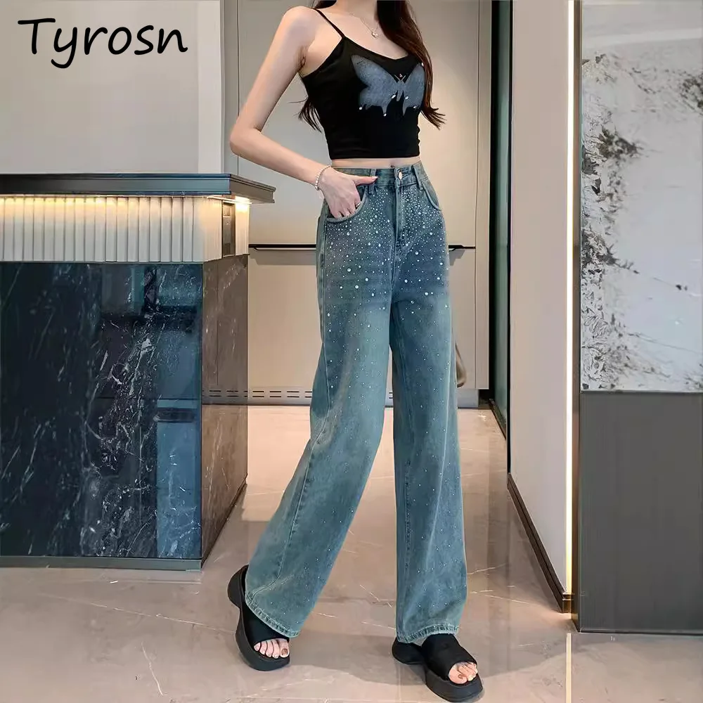 Jeans Women New Hot Diamond Design Loose Slender Straight Trousers Korean Style High Waist Narrow Wide Leg Summer Cozy Street