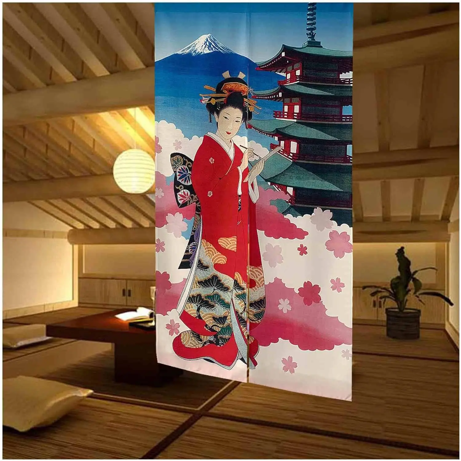 Vintage Ukiyo-e Maiko Door Curtain, Japanese Geisha in Red Kimono, Mt. Fuji & Pagoda Design, Japanese Art Home Decor Partition