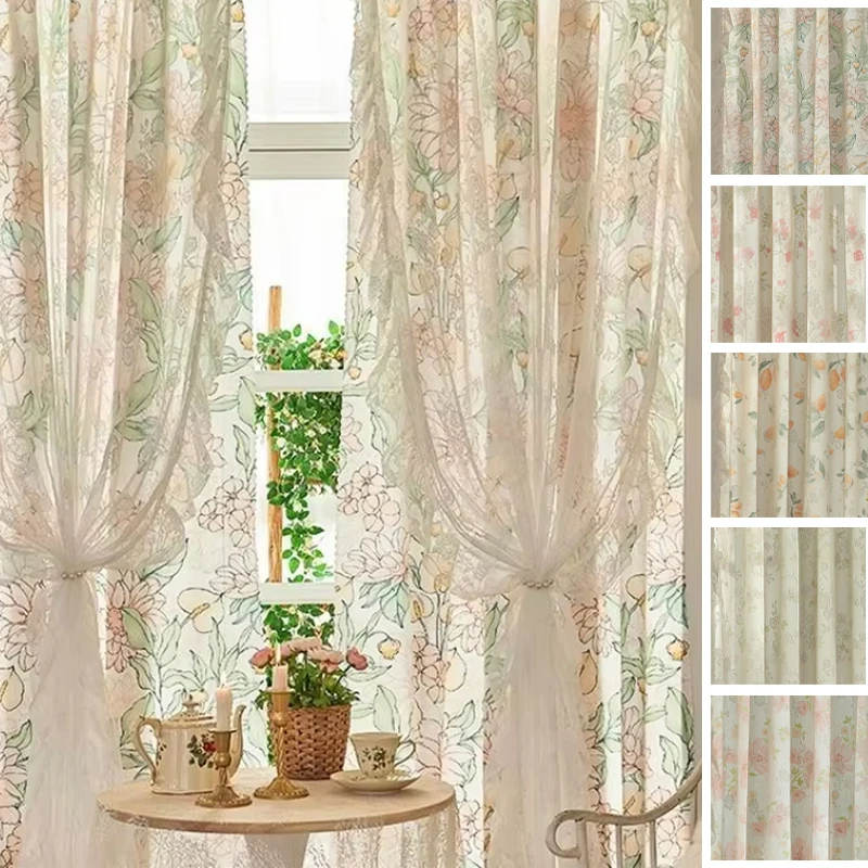 

Double Layer Sheer Curtains Floral Print Lace French Style Voile Organza for Bedroom Decor Antique White Drapes 2025 New Design