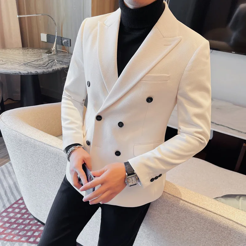 British Style New Double-breasted Blazer Jacket Men Clothing Business Formal Wear Slim Fit Casual Tuxedo Suit Coats High Quality