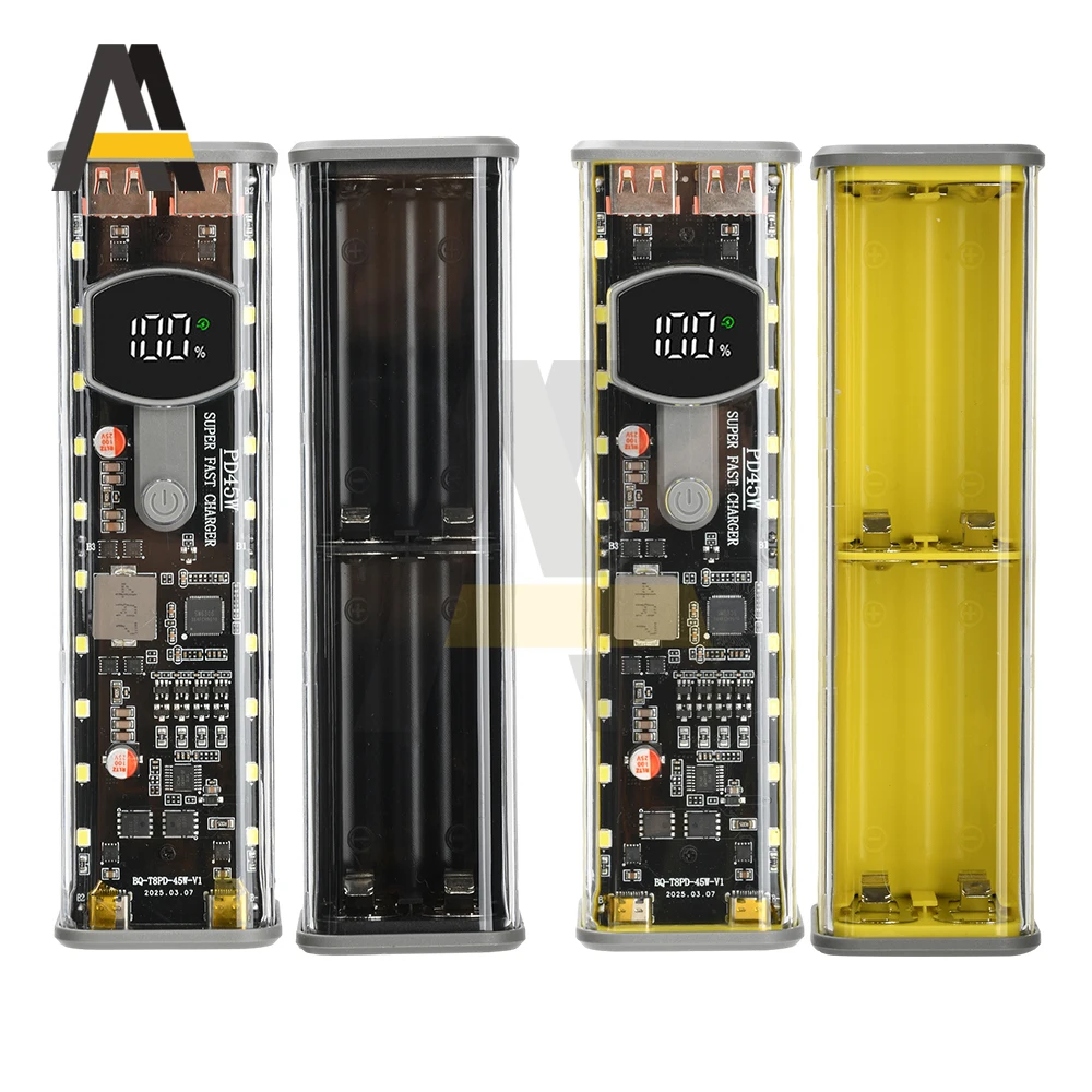 45W 8*18650 พาวเวอร์แบงค์กรณีโปร่งใสเปลือกที่ชาร์จเร็วกรณีที่ถอดออกได้แบตเตอรี่ชาร์จกล่องเก็บไม่มีแบตเตอรี่