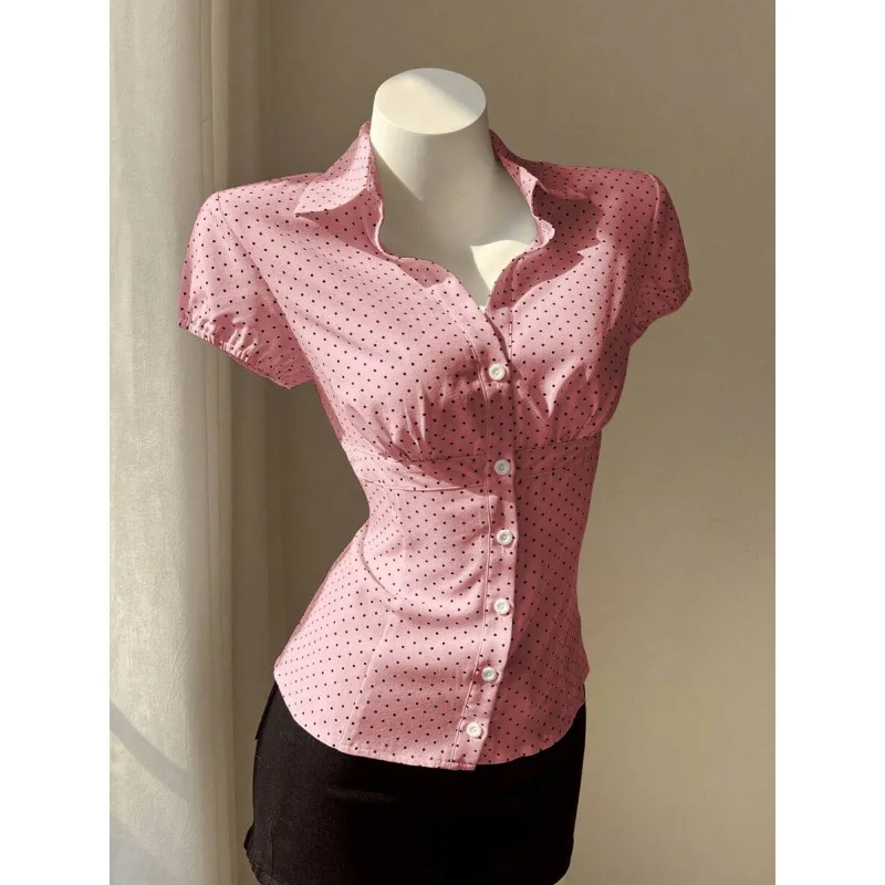 

Женская короткая рубашка с принтом в горошек E 59878 Весна 2026, устойчивая к деформации, другой стиль, другой материал, 100% хлопок