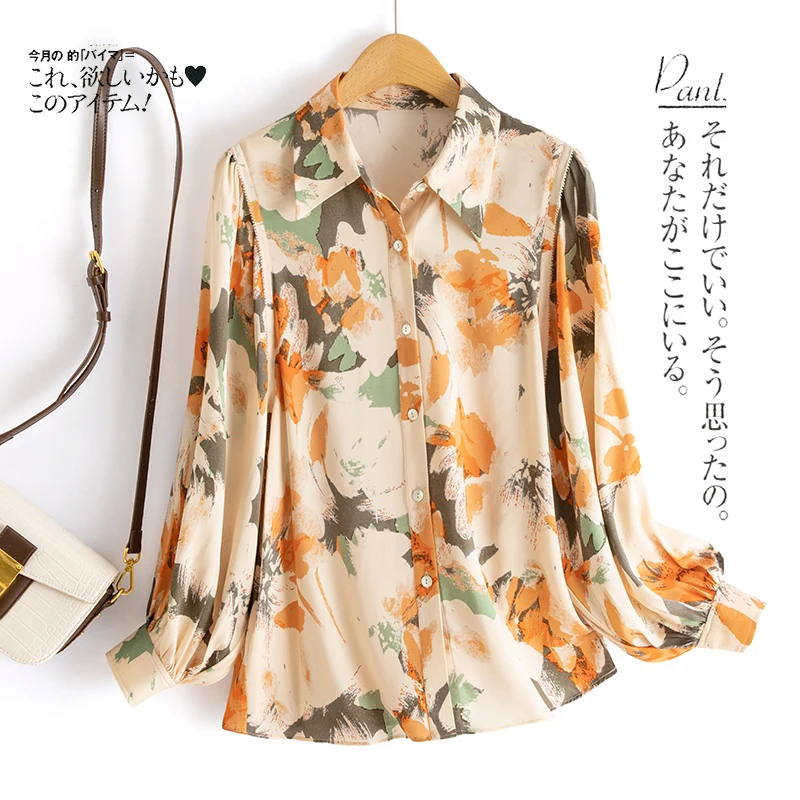 

92% Silk Blouse Women Printed Turn-down Neck Long Sleeve Single Breasted Elegant Casual Top New Fashion