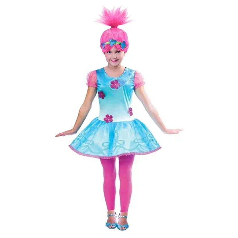 Conjunto de Peluca y Vestidos de Trolls 2026 para Niños, Disfraz para Niñas, Carnaval, Disfraces Infantiles, Vestido de Moana Vaiana, Fiesta de Trolls Poppy, C Cosziy