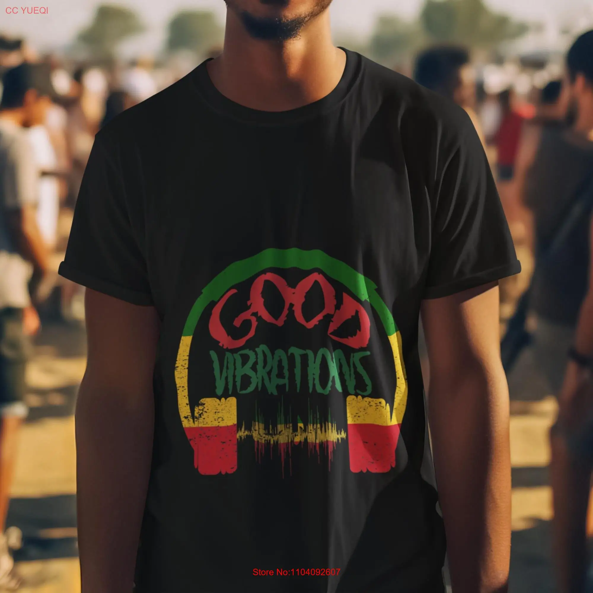 Good vibrations T Shirt Rasta colours Party carnival Holiday festival Music headphones gift long or short sleeves