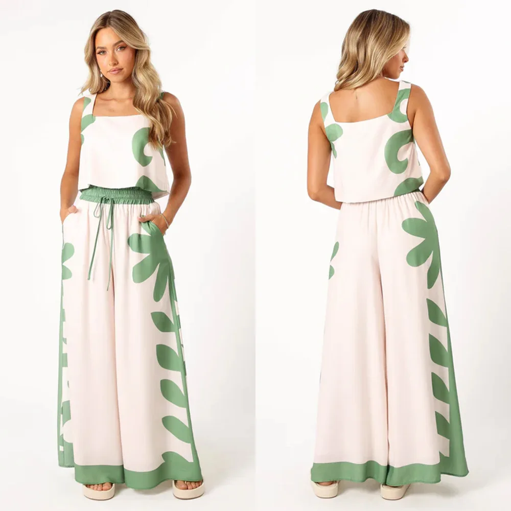 

Women's Summer New Short Style Slimming Vest Print Elastic Waist Wide Leg Fashionable Pants Two-piece Set Casual