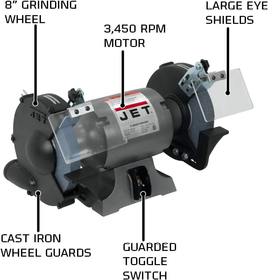 JET 8-Inch Bench Grinder, 3450 RPM, 1/2 HP, 120V 1Ph (Model JBG-8A)