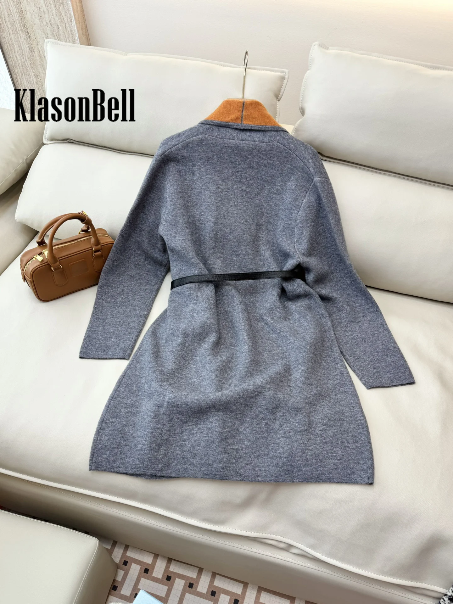 9.4 KlasonBell Women Classic Double-Suede Patchwork Color Lapel Collar Wool Knit Cardigan With Leather Belt Long Sleeve Coat