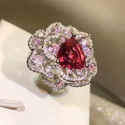 925 Silver High Carbon Diamond Color Ice Flower Cut Open Flower Ring Ladies Birthday Cocktail Party Jewelry Gift Wholesale